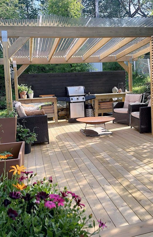 Overdækket terrasse med lounge og udekøkken Overdækket terrasse med lounge og udekøkken